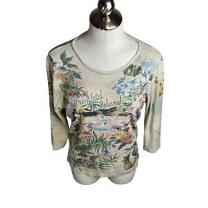 Cactus Embellished 3/4 Sleeve Top Tropical Island XL
